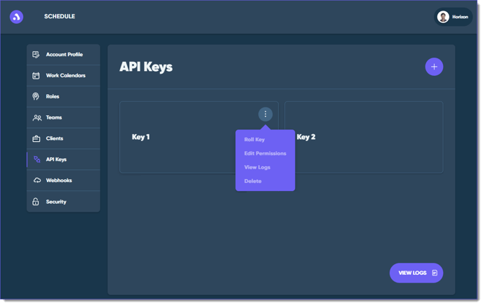 api keys more actions