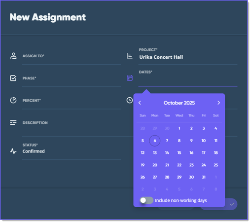 new assignment dialog new with dates